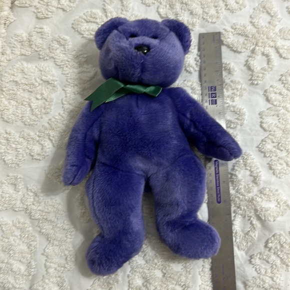 TY Beanie Babies 2000 Purple 12” Stuff Animal with green bow. - Picture 9 of 10